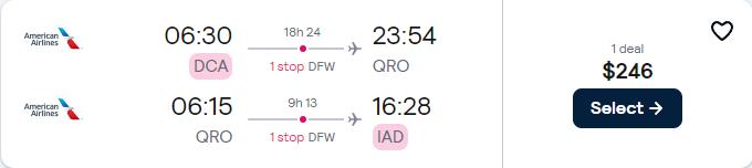 Click here to book this cheap flight deal. Cheap flights from US cities to Queretaro, Mexico for only $246 roundtrip with American Airlines. Flight deal ticket image.