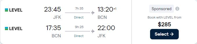 Non-stop flights from New York to Barcelona, Spain for only $285 roundtrip. Flight deal ticket image.