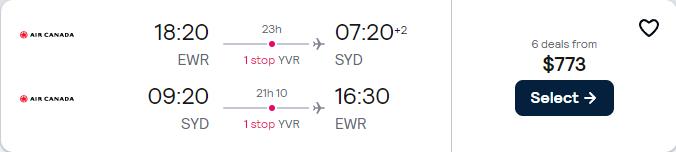 Click here to book this cheap flight deal. Cheap flights from New York to Sydney, Australia for only $773 roundtrip with Air Canada. Flight deal ticket image.