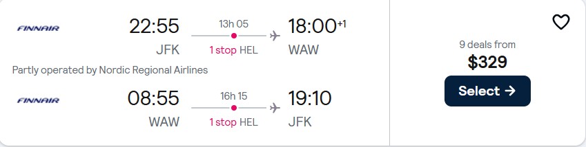 Summer flights from New York to Warsaw, Poland for only $329 roundtrip with Finnair. Flight deal ticket image.