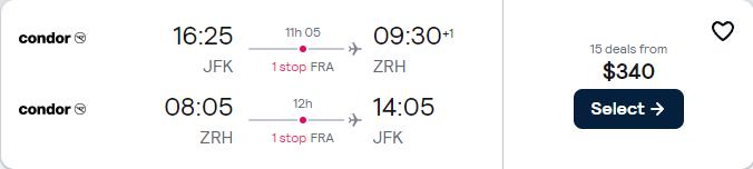 Click here to book this cheap flight deal. Cheap flights from New York to Zurich, Switzerland for only $340 roundtrip. Flight deal ticket image.