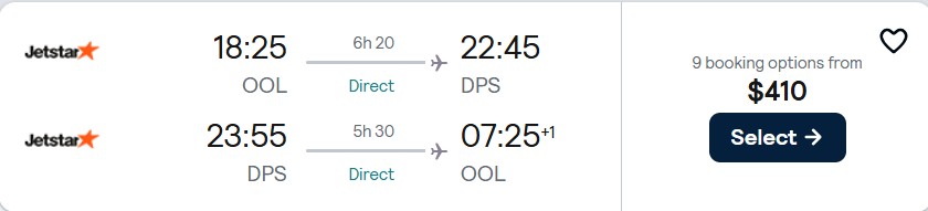 Non-stop flights from Gold Coast, Australia to Bali, Indonesia for only $410 AUD roundtrip with Jetstar. Flight deal ticket image.