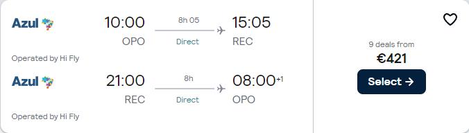 Click here to book this cheap flight deal. Non-stop flights from Porto, Portugal to Recife, Brazil for only €421 roundtrip. Flight deal ticket image.