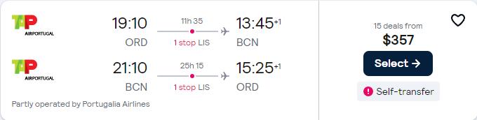 Click here to book this cheap flight deal. Cheap flights from Chicago to Barcelona, Spain for only $357 roundtrip with TAP Air Portugal. Flight deal ticket image.