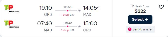 Click here to book this cheap flight deal. Cheap flights from Chicago to Madrid or Barcelona, Spain from only $322 roundtrip with TAP Air Portugal. Flight deal ticket image.