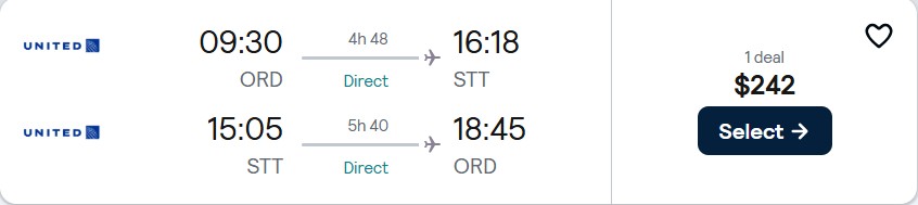 Non-stop flights from Chicago to the US Virgin Islands for only $242 roundtrip with United Airlines. Flight deal ticket image.