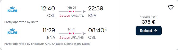 Cheap flights from Oslo, Norway to Nashville, USA for only €375 roundtrip with KLM and Delta Air Lines. Flight deal ticket image.