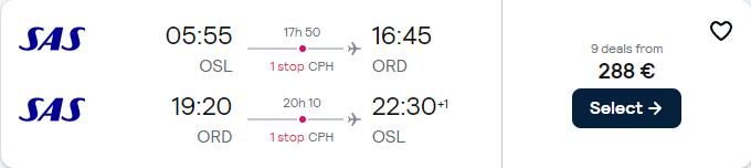 Click here to book this cheap flight deal. Cheap flights from Oslo, Norway to US cities from only €287 roundtrip with Scandinavian Airlines. Flight deal ticket image.