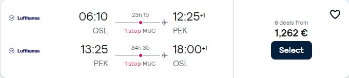 Click here to book this cheap flight deal. Business Class flights from Oslo, Norway to Beijing, China for only €1262 roundtrip with Lufthansa. Flight deal ticket image.