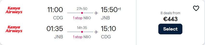 Click here to book this cheap flight deal. Cheap flights from Paris, France to Johannesburg, South Africa for only €443 roundtrip. Flight deal ticket image.