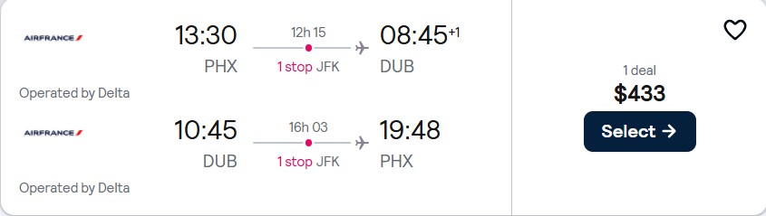 Cheap flights from Phoenix, Arizona to Dublin, Ireland for only $433 roundtrip with Delta Air Lines. Flight deal ticket image.