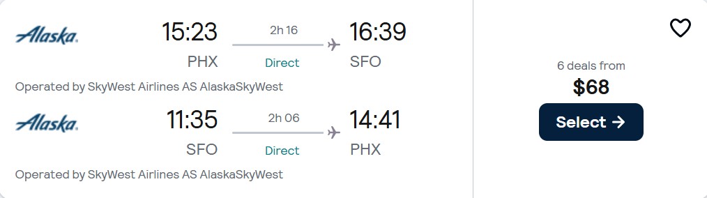 Non-stop flights from Phoenix, Arizona to San Francisco for only $68 roundtrip. Also works in reverse. Flight deal ticket image.