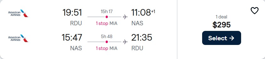 Cheap flights from Raleigh, North Carolina to the Bahamas for only $295 roundtrip with American Airlines. Flight deal ticket image.