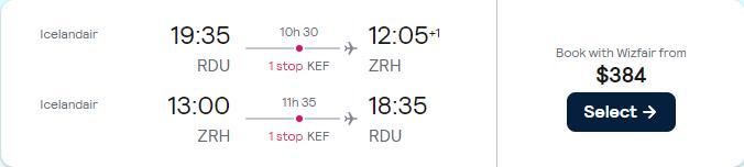Cheap flights from Raleigh, North Carolina to Zurich, Switzerland for only $384 roundtrip. Flight deal ticket image.