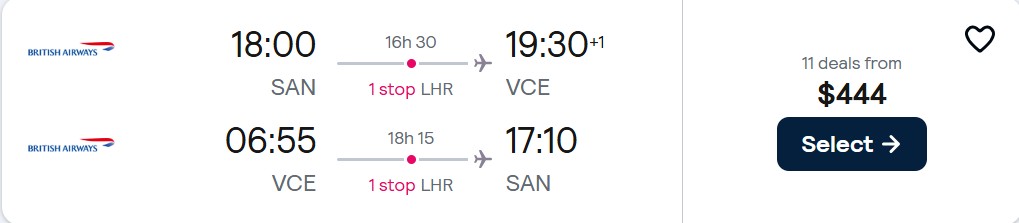 Cheap flights from San Diego to Venice, Italy for only $444 roundtrip with British Airways. Flight deal ticket image.