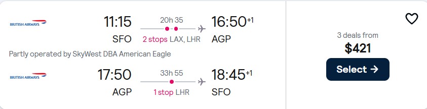 Click here to book this cheap flight deal. Cheap flights from San Francisco to Malaga, Spain for only $421 roundtrip with American Airlines and British Airways. Flight deal ticket image.