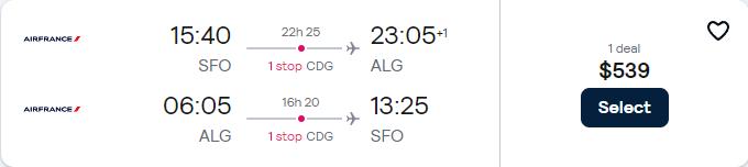 Click here to book this cheap flight deal. Cheap flights from San Francisco to Algiers, Algeria for only $539 roundtrip with Air France. Flight deal ticket image.