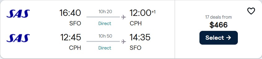 Non-stop flights from San Francisco to Copenhagen, Denmark for only $466 roundtrip with Scandinavian Airlines. Flight deal ticket image.