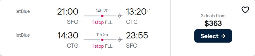 Click here to book this cheap flight deal. Cheap flights from San Francisco to Cartagena, Colombia for only $363 roundtrip with JetBlue. Flight deal ticket image.
