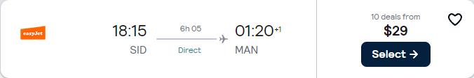 Click here to book this cheap flight deal. Non-stop flights from Sal, Cape Verde to Manchester, UK for only $29 USD one-way. Flight deal ticket image.