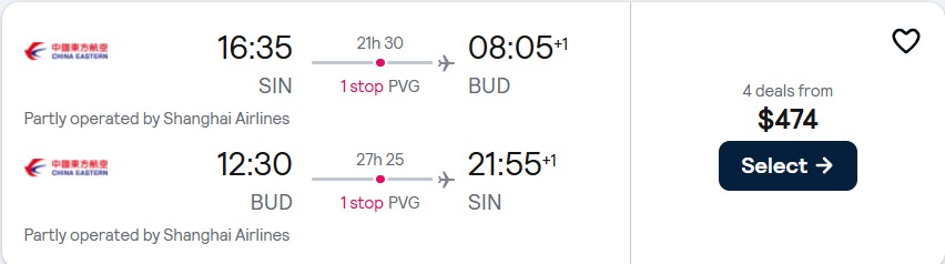 Click here to book this cheap flight deal. Cheap flights from Singapore to Budapest, Hungary for only $474 USD roundtrip. Flight deal ticket image.