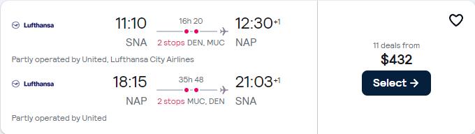 Click here to book this cheap flight deal. Cheap flights from Santa Ana, California to Italian cities from only $432 roundtrip with United Airlines and Lufthansa. Flight deal ticket image.