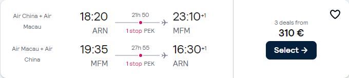 Cheap flights from Stockholm, Sweden to Macau, China for only €310 roundtrip. Flight deal ticket image.