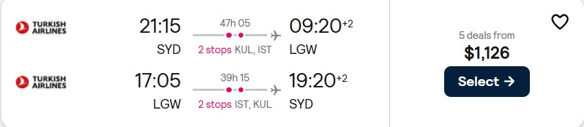Click here to book this cheap flight deal. Cheap flights from Sydney, Australia to London, UK for only $1126 AUD roundtrip with Turkish Airlines. Flight deal ticket image.