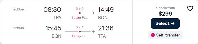 Cheap flights from Tampa, Florida to Aguadilla, Puerto Rico for only $299 roundtrip with JetBlue. Flight deal ticket image.