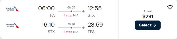 Click here to book this cheap flight deal. Cheap flights from Tampa, Florida to the US Virgin Islands for only $291 roundtrip with American Airlines. Flight deal ticket image.