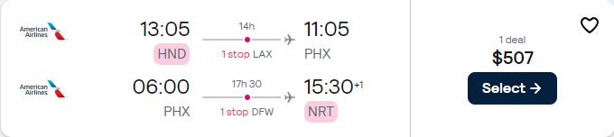 Non-stop flights from Tokyo, Japan to Phoenix, Arizona for only $507 USD roundtrip with American Airlines. Flight deal ticket image.