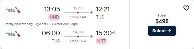 Click here to book this cheap flight deal. Non-stop flights from Tokyo, Japan to Tucson, Arizona for only $498 USD roundtrip with American Airlines. Flight deal ticket image.