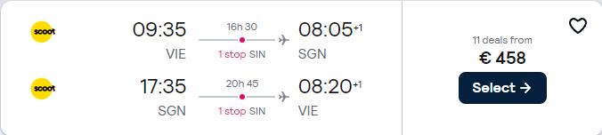 Cheap flights from Vienna, Austria to Ho Chi Minh City, Vietnam for only €458 roundtrip. Flight deal ticket image.