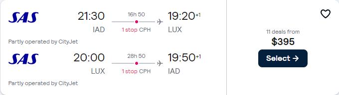 Click here to book this cheap flight deal. Cheap flights from Washington DC to Luxembourg for only $395 roundtrip with Scandinavian Airlines. Flight deal ticket image.