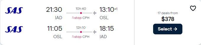 Cheap flights from Washington DC to Oslo, Norway for only $378 roundtrip with Scandinavian Airlines. Flight deal ticket image.