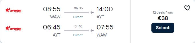 Click here to book this cheap flight deal. Non-stop flights from Warsaw, Poland to Antalya, Turkey for only €38 roundtrip. Flight deal ticket image.