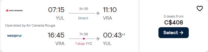 Cheap flights from Montreal, Canada to Varadero, Cuba for only $408 CAD roundtrip with Air Canada. Flight deal ticket image.