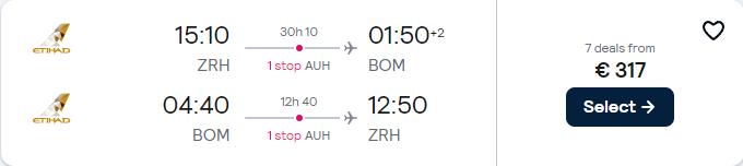 Cheap flights from Zurich, Switzerland to Indian cities from only €317 roundtrip with Etihad Airways. Flight deal ticket image.
