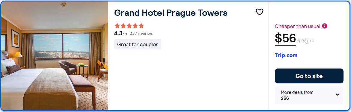 Click here to book this cheap flight deal. Stay at the 5* Grand Hotel Prague Towers in Prague, Czechia for only $56 USD per night. Flight deal ticket image.