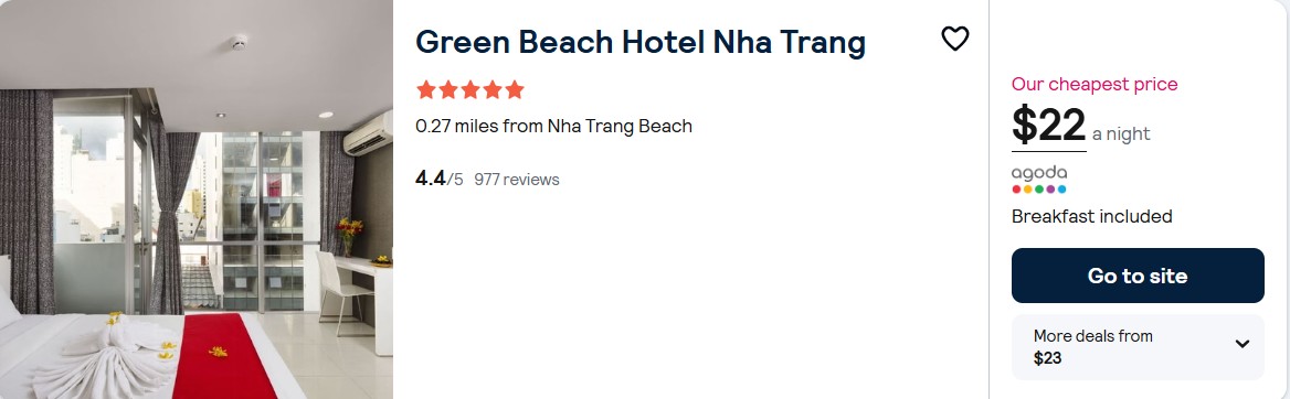 Click here to book this cheap flight deal. Stay at the 5 Stars* Green Beach Hotel Nha Trang in Nha Trang, Vietnam for only $22 USD per night. Flight deal ticket image.