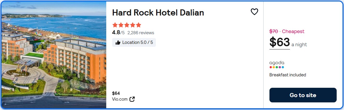 Stay at the 5 Stars* Hard Rock Hotel Dalian in Dalian, China for only $63 USD per night. Flight deal ticket image.
