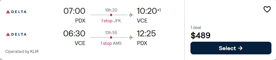 Cheap flights from Portland, Oregon to Venice, Italy for only $489 roundtrip with Delta Air Lines and KLM. Flight deal ticket image.