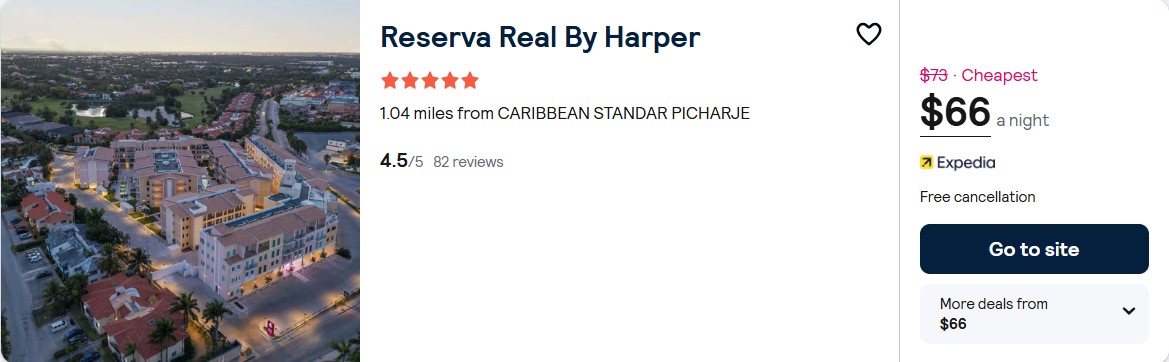 Click here to book this cheap flight deal. Stay at the 5 Stars* Reserva Real By Harper in Punta Cana, Dominican Republic for only $66 USD per night. Flight deal ticket image.