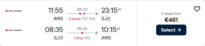 Cheap flights from Amsterdam, Netherlands to San Jose, Costa Rica for only €461 roundtrip with Air Canada. Flight deal ticket image.