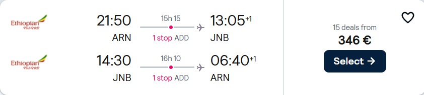 Cheap flights from Stockholm, Sweden to Johannesburg, South Africa for only €346 roundtrip. Flight deal ticket image.