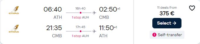 Click here to book this cheap flight deal. Cheap flights from Athens, Greece to Colombo, Sri Lanka for only €357 roundtrip with Etihad Airways. Flight deal ticket image.