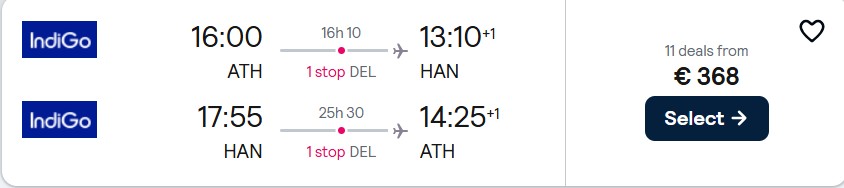 Click here to book this cheap flight deal. Cheap flights from Athens, Greece to Hanoi, Vietnam for only €368 roundtrip. Flight deal ticket image.