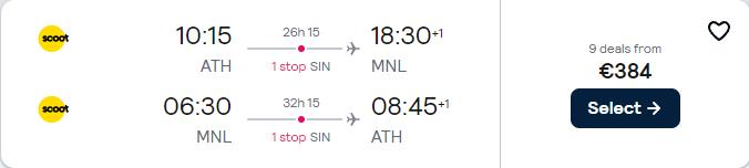 Click here to book this cheap flight deal. Cheap flights from Athens, Greece to Manila, Philippines for only €385 roundtrip. Flight deal ticket image.