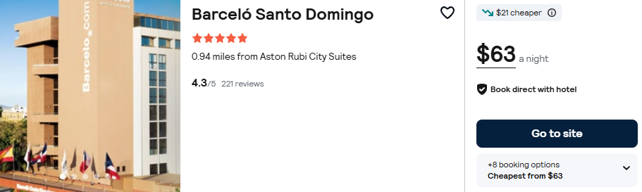 Click here to book this cheap flight deal. Stay at the 5* Barceló Santo Domingo in Santo Domingo, Dominican Republic for only $63 USD per night. Flight deal ticket image.