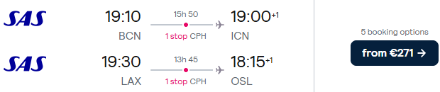 Click here to book this cheap flight deal. Double open-jaw flights from European cities to Japan or Korea, returning from USA from only €271 with Scandinavian Airlines. Flight deal ticket image.